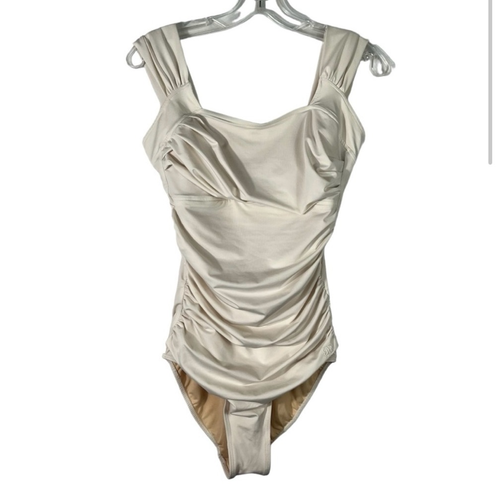 Albion White Drape Ruched Slimming One Piece Wide Strap Swimsuit One Piece Small
